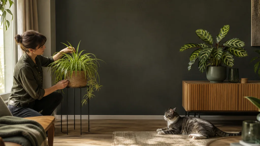 Grünlilie und Calathea stehen stabil im hellen Raum mit einer Katze auf Abstand